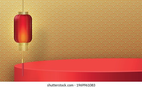 Podium round stage chinese style, for chinese new year and festivals or mid autumn festival with red paper cut art and craft on color backgroung with asian elements