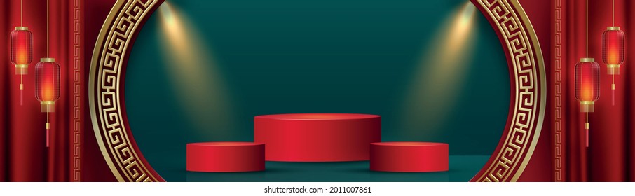 Podium round stage chinese style, for chinese new year and festivals or mid autumn festival with red paper cut art and craft on color backgroung with asian elements