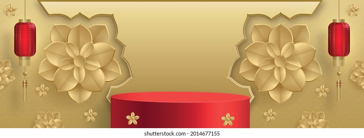 Podium round stage chinese style, for chinese new year and festivals or mid autumn festival with red paper cut art and craft on color backgroung with asian elements