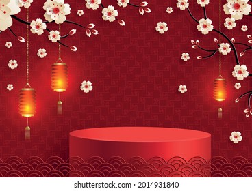 Podium round stage chinese style, for chinese new year and festivals or mid autumn festival with red paper cut art and craft on color backgroung with asian elements