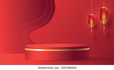 Podium round stage chinese style, for chinese new year and festivals or mid autumn festival with red paper cut art and craft on color backgroung with asian elements
