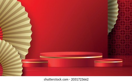 Podium round stage chinese style, for chinese new year and festivals or mid autumn festival with red paper cut art and craft on color backgroung with asian elements