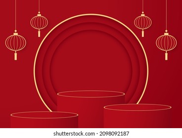 Podium round stage Chinese style, for Chinese new year and festivals. Happy Chinese new year 2022. Chinese new year banner with circle for show product. Greeting card. China frame with lantern on red.