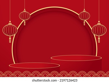 Podium round stage Chinese style, for Chinese new year and festivals. Happy Chinese new year 2022. Chinese new year banner with circle for show product. Greeting card. China frame with lantern on red.