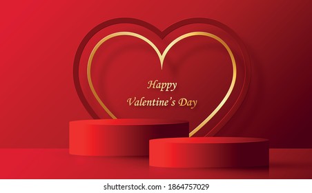 Podium round stage for Valentine’s day with red and gold heart for I love you day, red paper cut art and craft on red color backgroung with festive elements for greeting cards, banner, web