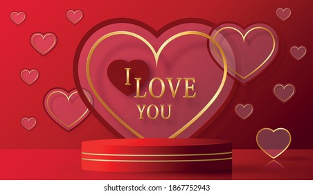 Podium round stage for Valentine’s day with red and gold heart for I love you day, red paper cut art and craft on red color backgroung with festive elements for greeting card, banner, web