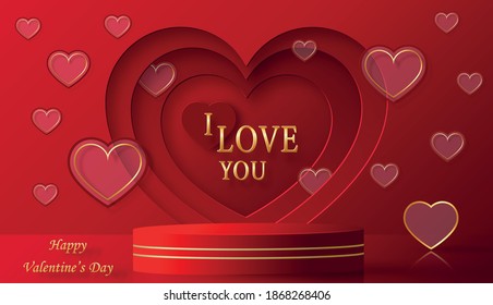 Podium round stage for Valentine’s day with red and gold heart for I love you day, red paper cut art and craft on red color backgroung with festive elements for greeting card, banner, web