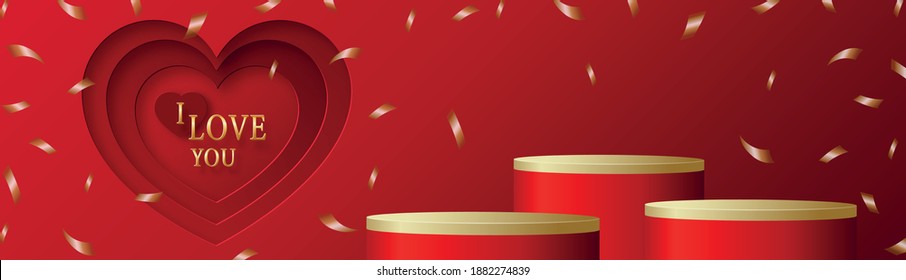 Podium round stage for Valentine’s day with red and gold heart for I love you day, red paper cut art and craft on red color backgroung with festive elements for greeting card, banner, web