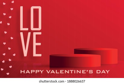 Podium round stage for Valentine’s day with red and gold heart for I love you day, red paper cut art and craft on red color backgroung with festive elements for greeting card, banner, web