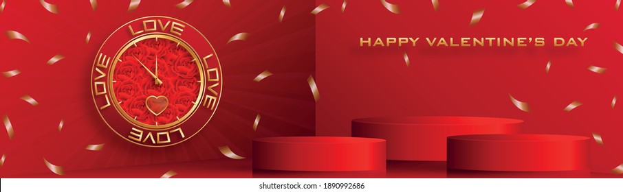 Podium round stage for Valentine’s day with red and gold heart for I love you day, red paper cut art and craft on red color backgroung with festive elements for greeting card, banner, web