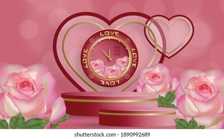 Podium round stage for Valentine’s day with red and gold heart for I love you day, red paper cut art and craft on red color backgroung with festive elements for greeting card, banner, web