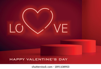 Podium round stage for Valentine’s day with red and neon concept heart for I love you day, red paper cut art and craft on red color backgroung with festive elements for greeting card, banner, web