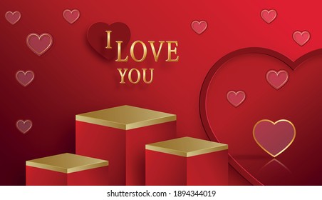 Podium round stage for Valentine’s day with red and gold heart for I love you day, red paper cut art and craft on red color backgroung with festive elements for greeting card, banner, web