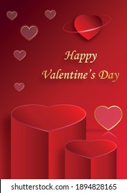 Podium round stage for Valentine’s day with red and gold heart for I love you day, red paper cut art and craft on red color backgroung with festive elements for greeting card, banner, web