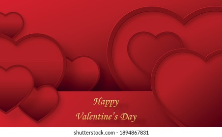Podium round stage for Valentine’s day with red and gold heart for I love you day, red paper cut art and craft on red color backgroung with festive elements for greeting card, banner, web