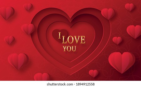 Podium round stage for Valentine’s day with red and gold heart for I love you day, red paper cut art and craft on red color backgroung with festive elements for greeting card, banner, web