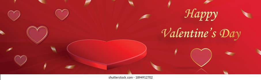 Podium round stage for Valentine’s day with red and gold heart for I love you day, red paper cut art and craft on red color backgroung with festive elements for greeting card, banner, web