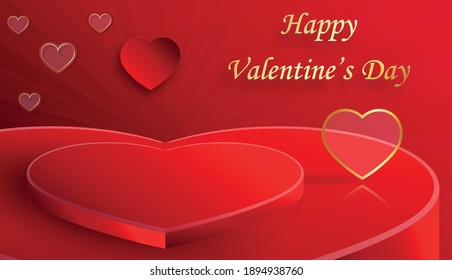 Podium round stage for Valentine’s day with red and gold heart for I love you day, red paper cut art and craft on red color backgroung with festive elements for greeting card, banner, web
