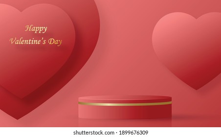 Podium round stage for Valentine’s day with red and gold heart for I love you day, red paper cut art and craft on red color backgroung with festive elements for greeting card, banner, web
