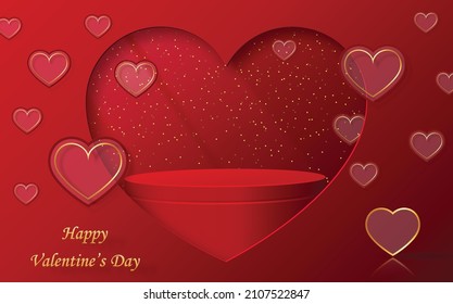 Escenario de podio para el día de San Valentín con corazón rojo y dorado para que te amo el día, papel rojo corte arte y artesanía sobre fondo de color rojo con elementos festivos para tarjeta de saludo, banner, web