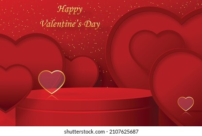 Escenario de podio para el día de San Valentín con corazón rojo y dorado para que te amo el día, papel rojo corte arte y artesanía sobre fondo de color rojo con elementos festivos para tarjeta de saludo, banner, web