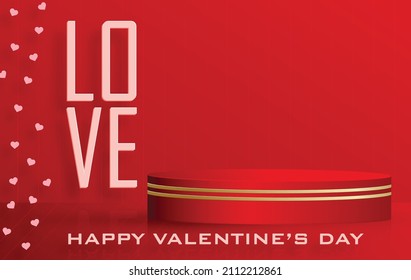 Podium round stage for Valentine’s day with red and gold heart for I love you day, red paper cut art and craft on red color background with festive elements for greeting card, banner, web