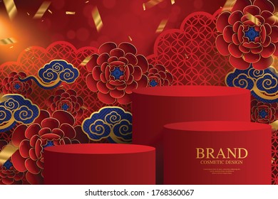 Podium round stage podium and paper art Chinese new year 2021 year of the ox , red paper cut ,flower and asian elements with craft style on background.