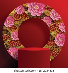 Podium round stage podium and paper art Chinese new year,Chinese Festivals, Mid Autumn Festival , red paper cut ,flower and asian elements with craft style on background.