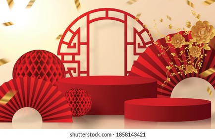 Podium round stage podium and paper art Chinese new year,Chinese Festivals, Mid Autumn Festival , red paper cut ,flower and asian elements with craft style on background.