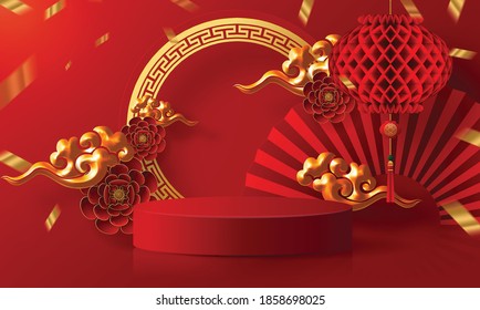 Podium round stage podium and paper art Chinese new year,Chinese Festivals, Mid Autumn Festival , red paper cut ,flower and asian elements with craft style on background.