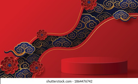 Podium round stage podium and paper art Chinese new year,Chinese Festivals, Mid Autumn Festival , red paper cut ,flower and asian elements with craft style on background.