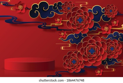 Podium round stage podium and paper art Chinese new year,Chinese Festivals, Mid Autumn Festival , red paper cut ,flower and asian elements with craft style on background.