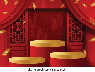  Podium round stage podium and paper art Chinese new year,Chinese Festivals, Mid Autumn Festival , red paper cut ,flower and asian elements with craft style on background.