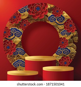  Podium round stage podium and paper art Chinese new year,Chinese Festivals, Mid Autumn Festival , red paper cut ,flower and asian elements with craft style on background.