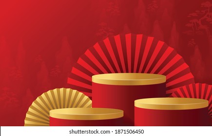 Podium round stage podium and paper art Chinese new year,Chinese Festivals, Mid Autumn Festival , red paper cut ,flower and asian elements with craft style on background.