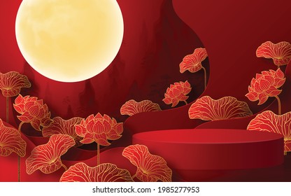 Podium round stage podium and paper art Chinese new year,Chinese Festivals, Mid Autumn Festival , red paper cut ,flower and asian elements with craft style on background.