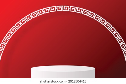 Podium round stage podium and paper art Chinese new year,Chinese Festivals, Mid Autumn Festival , red paper cut ,flower and asian elements with craft style on background.
