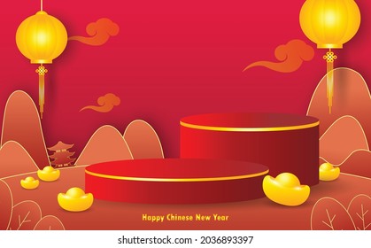 Podium round stage podium and paper art Chinese New Year red and golden theme product display background with ingot with craft style on background vector illustration