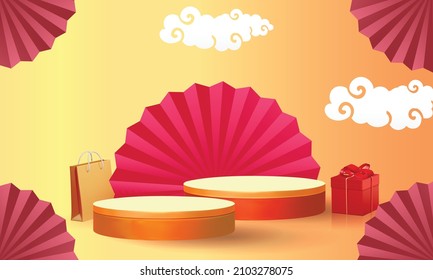 Podium round stage podium and paper art Chinese new year, happy festival chinese tradition podium for beauty branding cosmetic or any product.Concept Shopping .