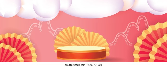 Podium round stage podium and paper art Chinese new year, happy festival chinese tradition podium for beauty branding cosmetic or any product.Concept Shopping .