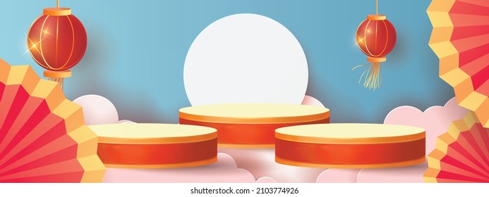 Podium round stage podium and paper art Chinese new year, happy festival chinese tradition podium for beauty branding cosmetic or any product.Concept Shopping .