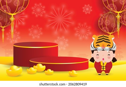 Podium round stage podium product display and paper art Chinese New Year  year of the tiger zodiac with little kids greeting gong xi fa cai  background with ingot with craft style vector illustration
