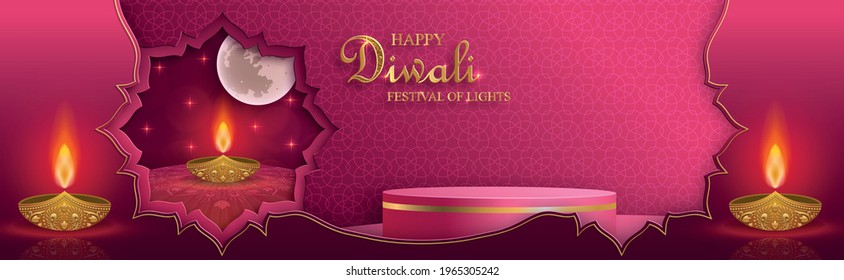 Podium round stage style, for Diwali, Deepavali or Dipavali, the indian festival of lights with Diya lamp, fire lighting and orientl objects on color background