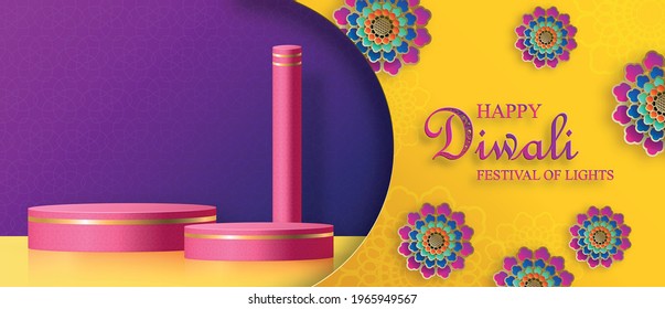 Podium round stage style, for Diwali, Deepavali or Dipavali, the indian festival of lights with Diya lamp, fire lighting and orientl objects on color background