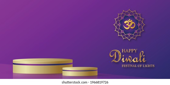 Podium round stage style, for Diwali, Deepavali or Dipavali, the indian festival of lights with Diya lamp, fire lighting and orientl objects on color background