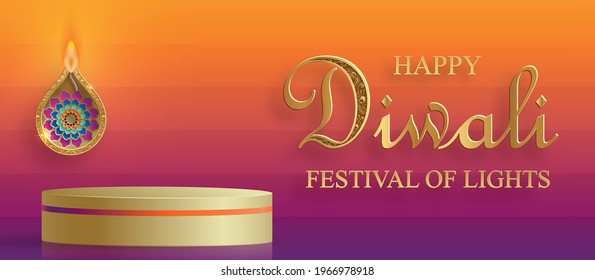 Podium round stage style, for Diwali, Deepavali or Dipavali, the indian festival of lights with Diya lamp, fire lighting and orientl objects on color background