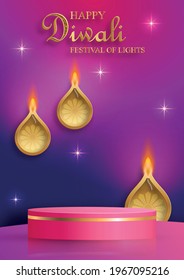 Podium round stage style, for Diwali, Deepavali or Dipavali, the indian festival of lights with Diya lamp, fire lighting and orientl objects on color background