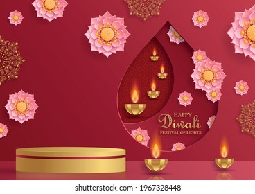 Podium round stage style, for Diwali, Deepavali or Dipavali, the indian festival of lights with Diya lamp, fire lighting and orientl objects on color background