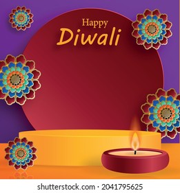 Podium round stage style, for Diwali, Deepavali or Dipavali, the indian festival of lights with Diya lamp, fire lighting and orientl objects on color background