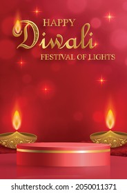 Podium round stage style  for Diwali  Deepavali Dipavali  the indian festival lights and Diya lamp  fire lighting   orientl objects color background